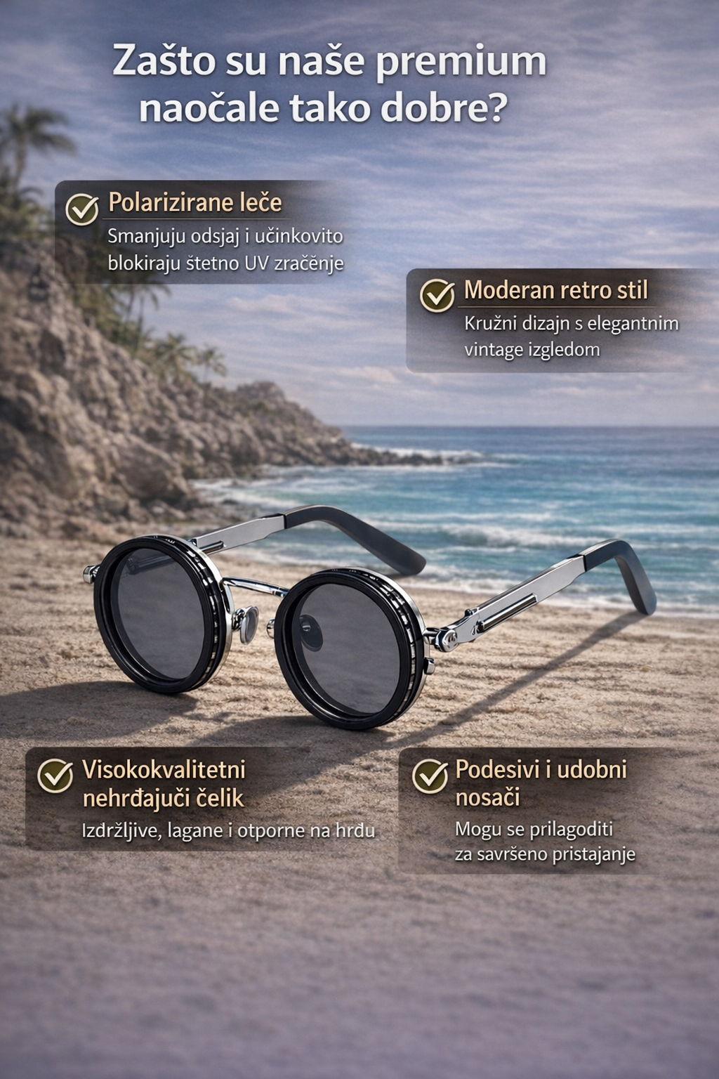 Round sunglasses with black frames and dark lenses on a beach background, featuring text about product features.